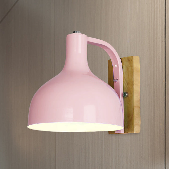 Lisslune | 1 head wall lamp modern dome shade metal wall light with wooden backplate in white/pink