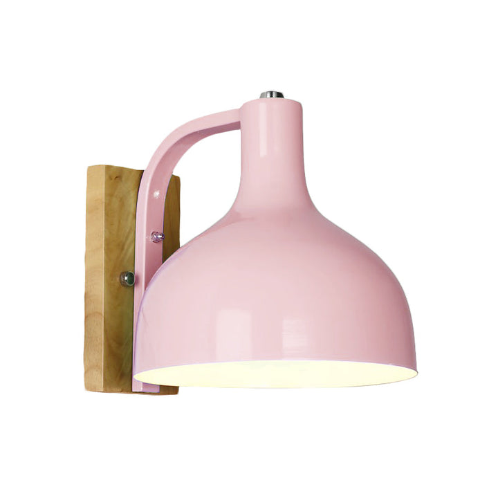 Lisslune | 1 head wall lamp modern dome shade metal wall light with wooden backplate in white/pink
