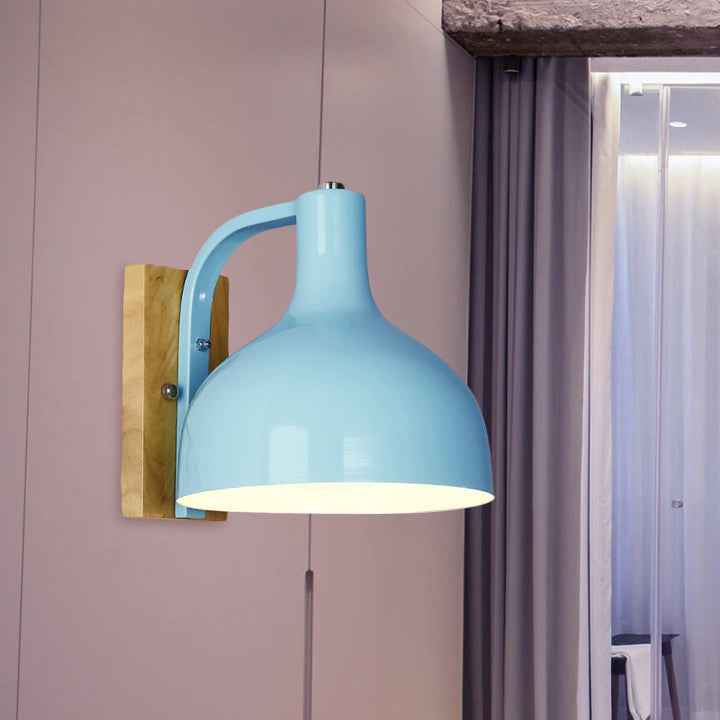 Lisslune | 1 head wall lamp modern dome shade metal wall light with wooden backplate in white/pink