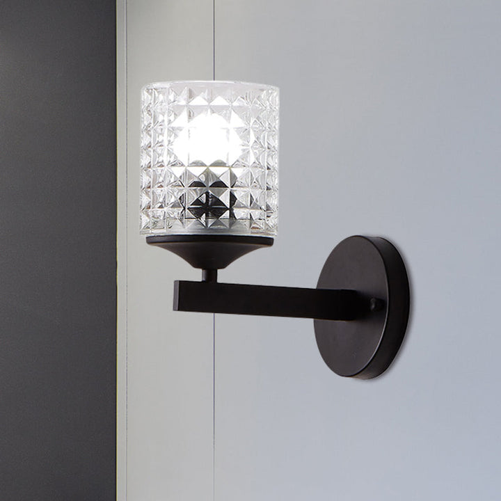 Lisslune | Cylinder Clear Textured Glass Wall-mounted Modern Single Bulb Bedroom Wall Light in Black/Silver