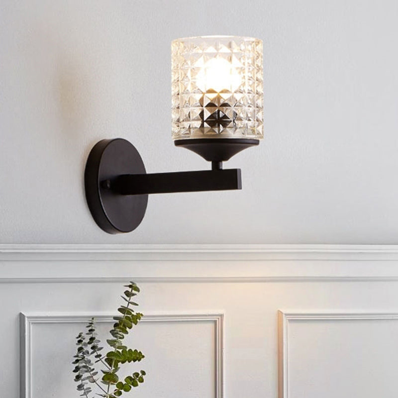 Lisslune | Cylinder Clear Textured Glass Wall-mounted Modern Single Bulb Bedroom Wall Light in Black/Silver