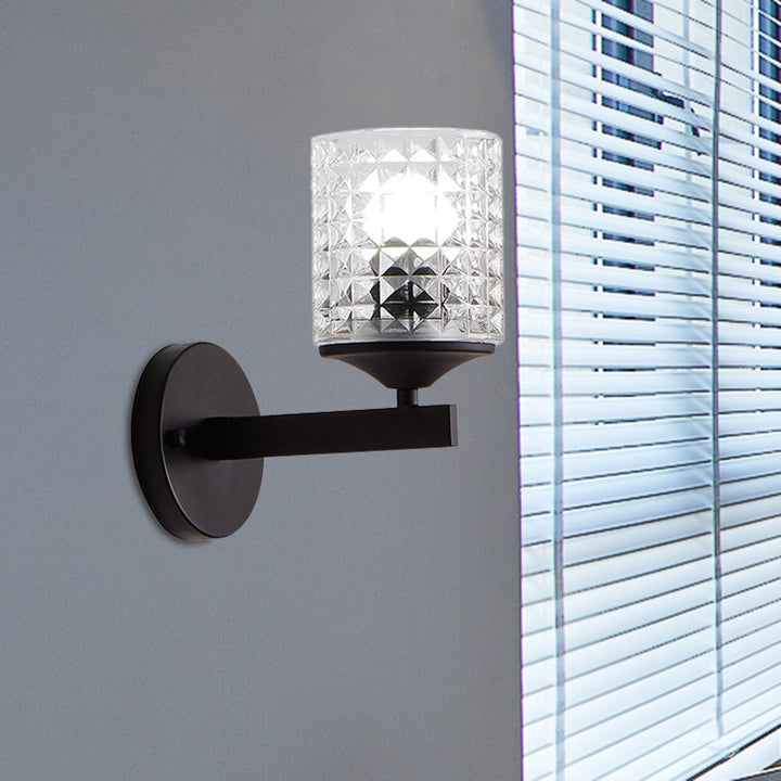 Lisslune | Cylinder Clear Textured Glass Wall-mounted Modern Single Bulb Bedroom Wall Light in Black/Silver