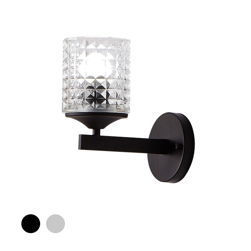 Lisslune | Cylinder Clear Textured Glass Wall-mounted Modern Single Bulb Bedroom Wall Light in Black/Silver