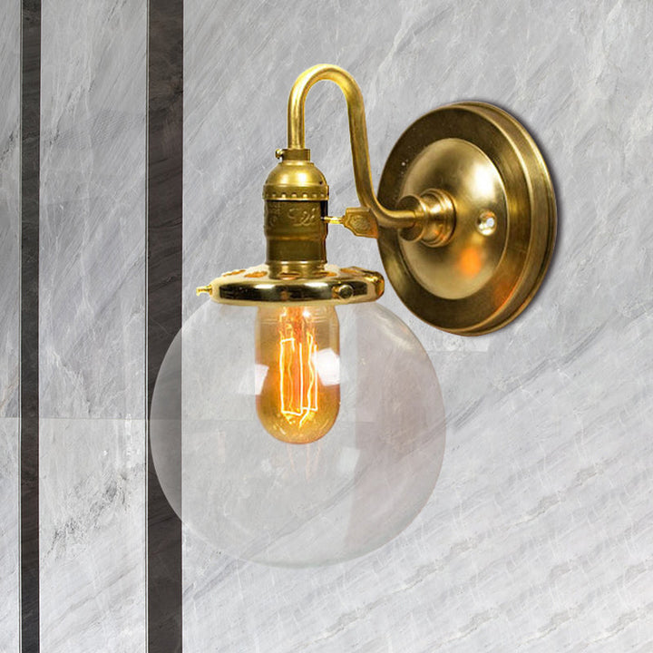 Lisslune | Brass Round Wall Lighting Industrial Clear Glass 1 Light Dining Room Wall Light Fixture