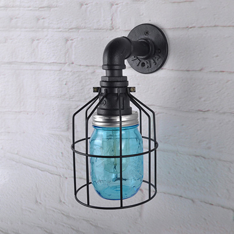 Lisslune | Blue/Clear Glass Shade Wall Lamp with Wire Cage Industrial Style Glass 1 Bulb Restaurant Wall Light