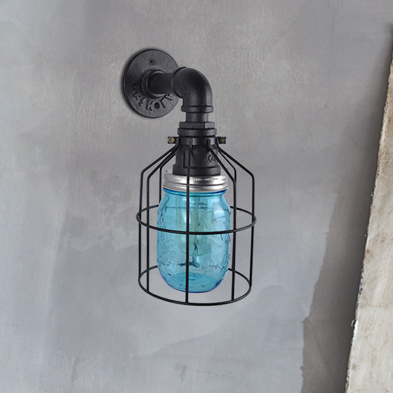 Lisslune | Blue/Clear Glass Shade Wall Lamp with Wire Cage Industrial Style Glass 1 Bulb Restaurant Wall Light