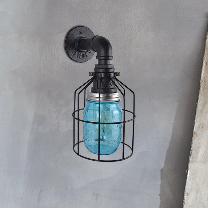 Lisslune | Blue/Clear Glass Shade Wall Lamp with Wire Cage Industrial Style Glass 1 Bulb Restaurant Wall Light