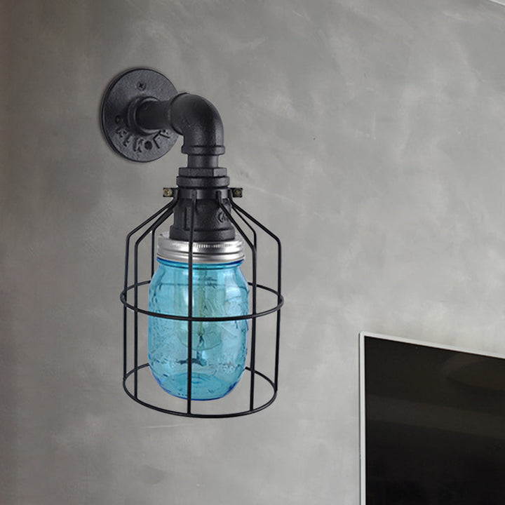 Lisslune | Blue/Clear Glass Shade Wall Lamp with Wire Cage Industrial Style Glass 1 Bulb Restaurant Wall Light