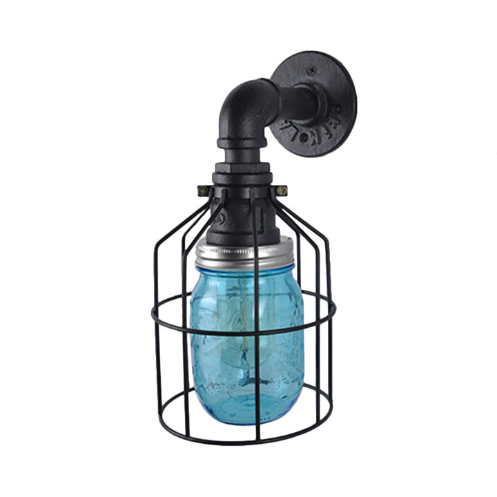 Lisslune | Blue/Clear Glass Shade Wall Lamp with Wire Cage Industrial Style Glass 1 Bulb Restaurant Wall Light
