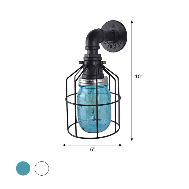 Lisslune | Blue/Clear Glass Shade Wall Lamp with Wire Cage Industrial Style Glass 1 Bulb Restaurant Wall Light