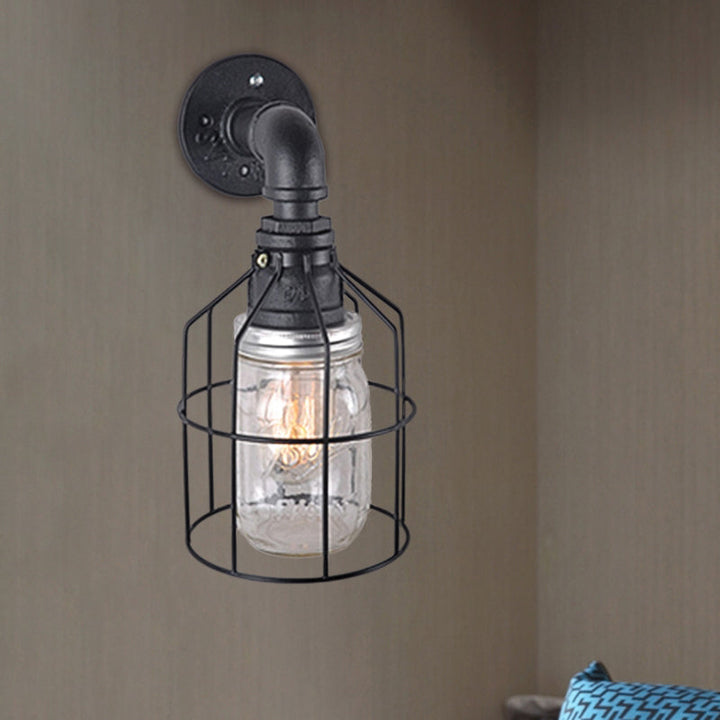 Lisslune | Blue/Clear Glass Shade Wall Lamp with Wire Cage Industrial Style Glass 1 Bulb Restaurant Wall Light