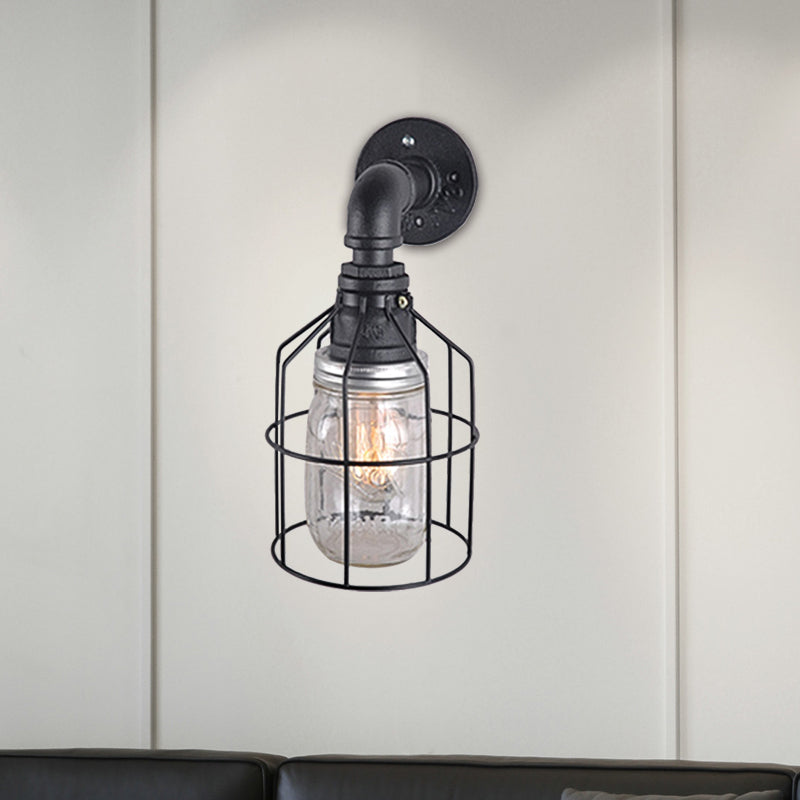 Lisslune | Blue/Clear Glass Shade Wall Lamp with Wire Cage Industrial Style Glass 1 Bulb Restaurant Wall Light