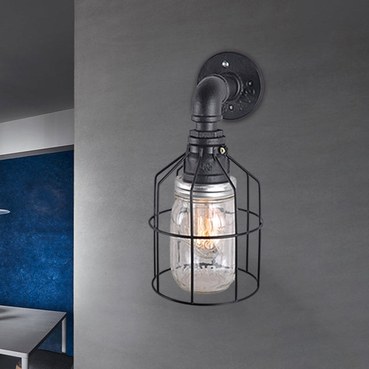 Lisslune | Blue/Clear Glass Shade Wall Lamp with Wire Cage Industrial Style Glass 1 Bulb Restaurant Wall Light