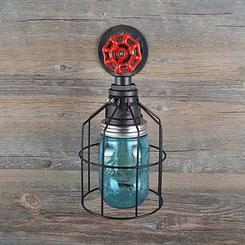 Lisslune | Vintage Caged Wall Lamp with Inner Pot Shade and Red Flap 1 Light Glass Wall Lighting in Blue/Transparent