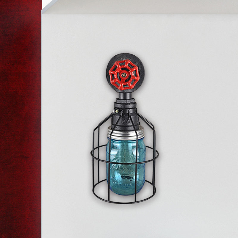 Lisslune | Vintage Caged Wall Lamp with Inner Pot Shade and Red Flap 1 Light Glass Wall Lighting in Blue/Transparent