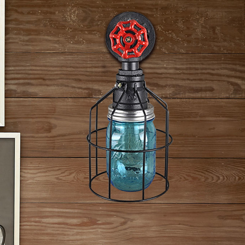 Lisslune | Vintage Caged Wall Lamp with Inner Pot Shade and Red Flap 1 Light Glass Wall Lighting in Blue/Transparent