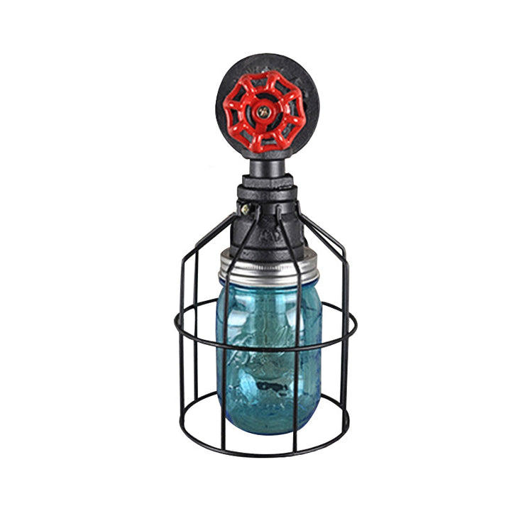 Lisslune | Vintage Caged Wall Lamp with Inner Pot Shade and Red Flap 1 Light Glass Wall Lighting in Blue/Transparent