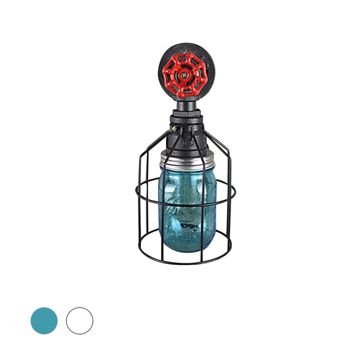 Lisslune | Vintage Caged Wall Lamp with Inner Pot Shade and Red Flap 1 Light Glass Wall Lighting in Blue/Transparent