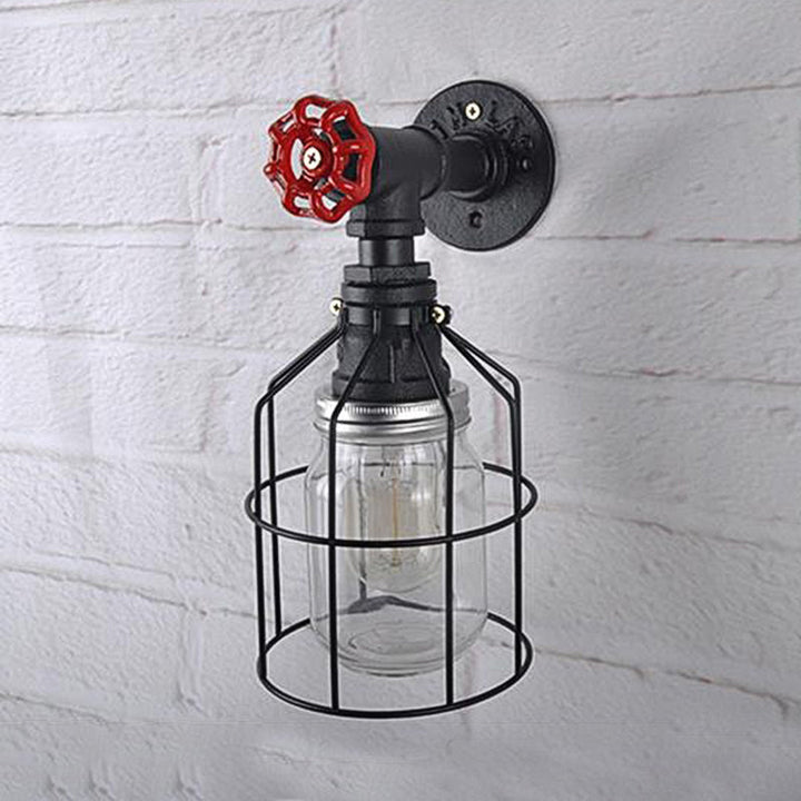 Lisslune | Vintage Caged Wall Lamp with Inner Pot Shade and Red Flap 1 Light Glass Wall Lighting in Blue/Transparent