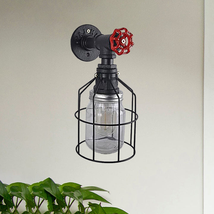 Lisslune | Vintage Caged Wall Lamp with Inner Pot Shade and Red Flap 1 Light Glass Wall Lighting in Blue/Transparent
