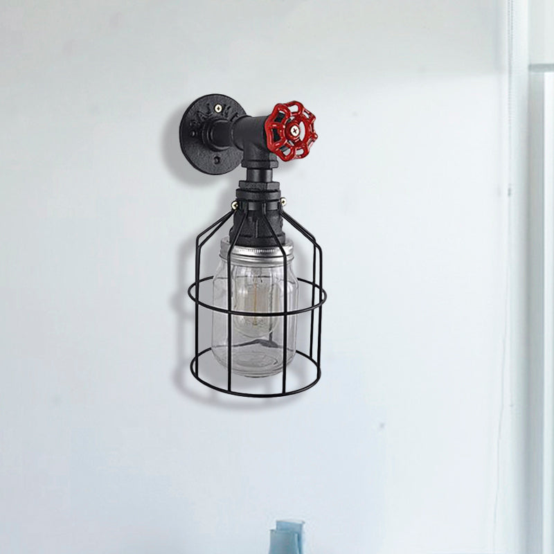 Lisslune | Vintage Caged Wall Lamp with Inner Pot Shade and Red Flap 1 Light Glass Wall Lighting in Blue/Transparent