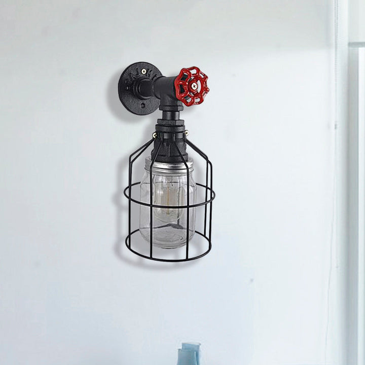 Lisslune | Vintage Caged Wall Lamp with Inner Pot Shade and Red Flap 1 Light Glass Wall Lighting in Blue/Transparent