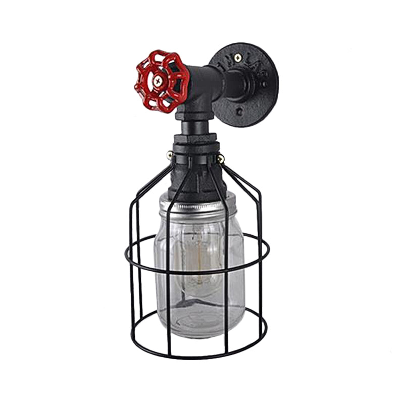 Lisslune | Vintage Caged Wall Lamp with Inner Pot Shade and Red Flap 1 Light Glass Wall Lighting in Blue/Transparent