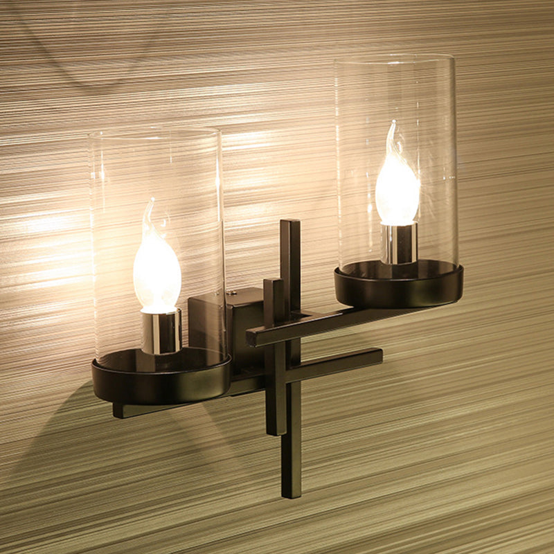 Lisslune | Black 2-Light Wall Lamp Vintage Clear Glass Cylinder Lighting Fixture for Hallway