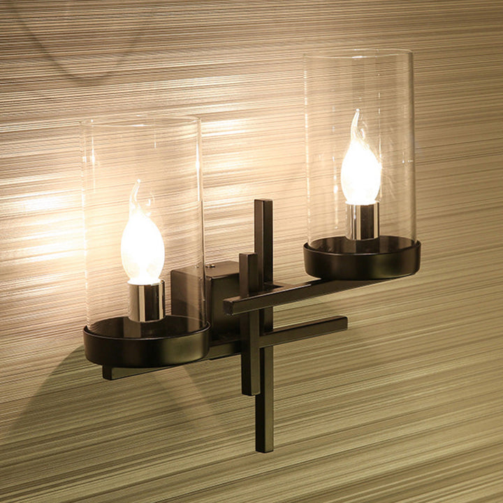 Lisslune | Black 2-Light Wall Lamp Vintage Clear Glass Cylinder Lighting Fixture for Hallway