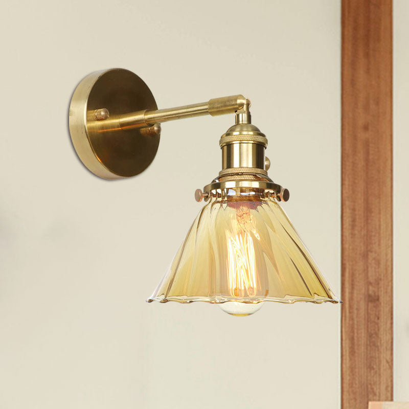 Lisslune | Industrial Vintage Cone Wall Lamp Amber Ruffle Glass Adjustable 1 Light Wall Sconce