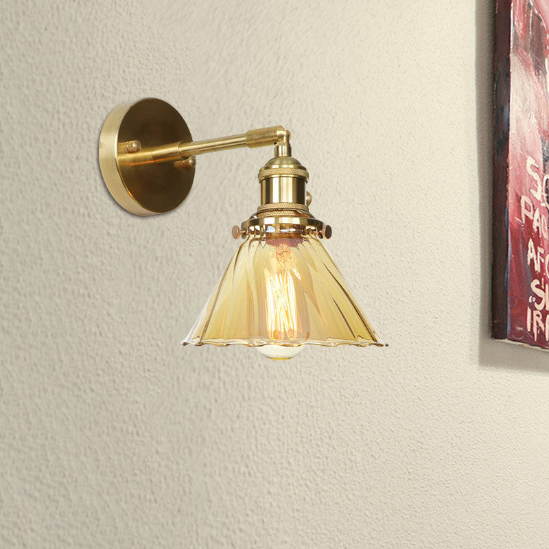 Lisslune | Industrial Vintage Cone Wall Lamp Amber Ruffle Glass Adjustable 1 Light Wall Sconce