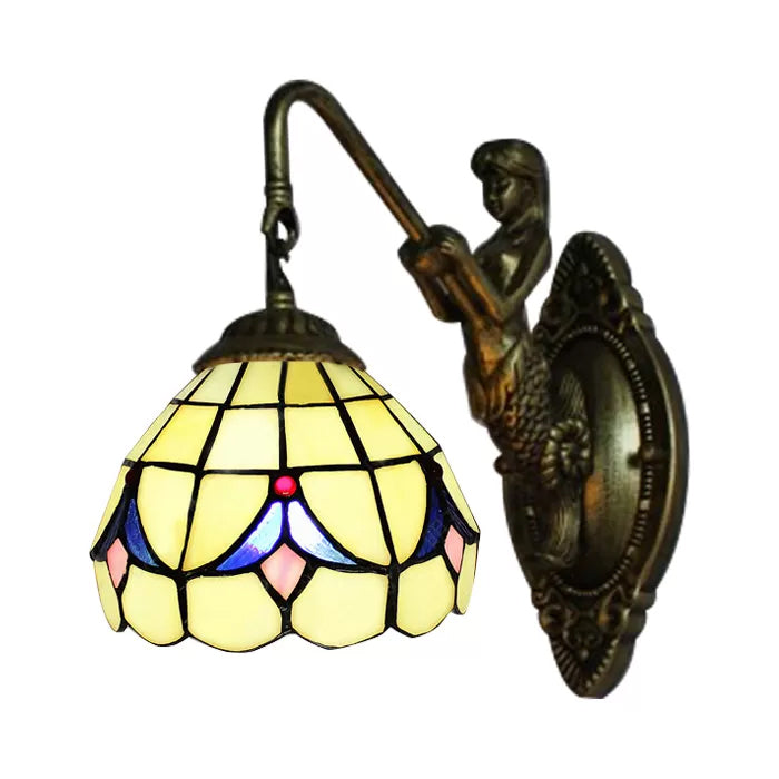Lisslune | 1 Head Dome Wall Light Baroque White/Beige Glass Wall Mount Lighting with Mermaid Backplate, 6"/8" Width