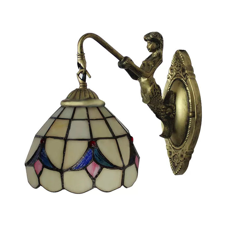 Lisslune | 1 Head Dome Wall Light Baroque White/Beige Glass Wall Mount Lighting with Mermaid Backplate, 6"/8" Width
