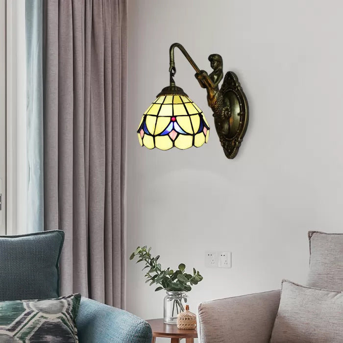 Lisslune | 1 Head Dome Wall Light Baroque White/Beige Glass Wall Mount Lighting with Mermaid Backplate, 6"/8" Width