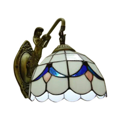 Lisslune | 1 Head Dome Wall Light Baroque White/Beige Glass Wall Mount Lighting with Mermaid Backplate, 6"/8" Width