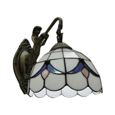 Lisslune | 1 Head Dome Wall Light Baroque White/Beige Glass Wall Mount Lighting with Mermaid Backplate, 6"/8" Width