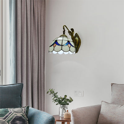 Lisslune | 1 Head Dome Wall Light Baroque White/Beige Glass Wall Mount Lighting with Mermaid Backplate, 6"/8" Width