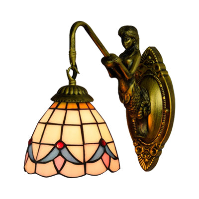 Lisslune | 1 Head Dome Wall Light Baroque White/Beige Glass Wall Mount Lighting with Mermaid Backplate, 6"/8" Width