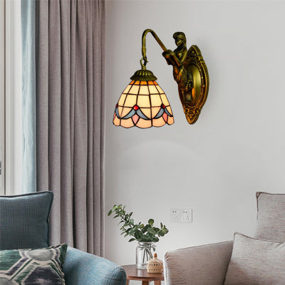 Lisslune | 1 Head Dome Wall Light Baroque White/Beige Glass Wall Mount Lighting with Mermaid Backplate, 6"/8" Width