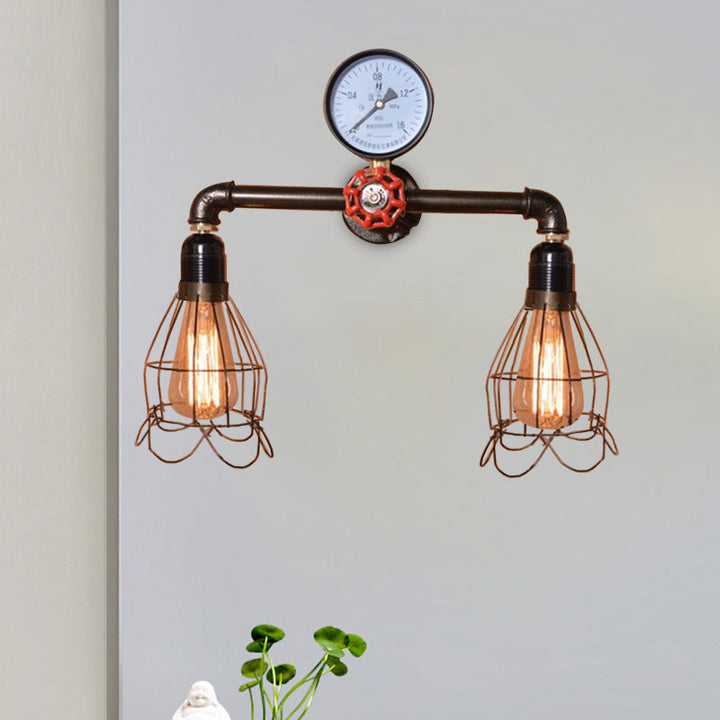 Lisslune | 2 Light Bulbs Wire Frame Wall Mount Light with Pressure Gauge Deco Antique Style Black Metal Wall Lighting