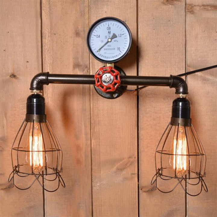 Lisslune | 2 Light Bulbs Wire Frame Wall Mount Light with Pressure Gauge Deco Antique Style Black Metal Wall Lighting