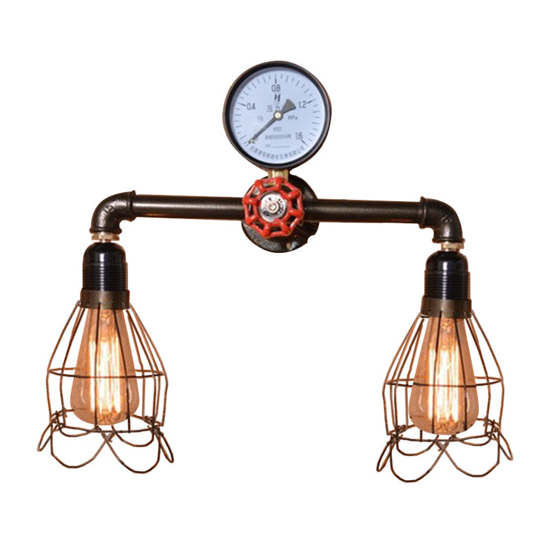 Lisslune | 2 Light Bulbs Wire Frame Wall Mount Light with Pressure Gauge Deco Antique Style Black Metal Wall Lighting