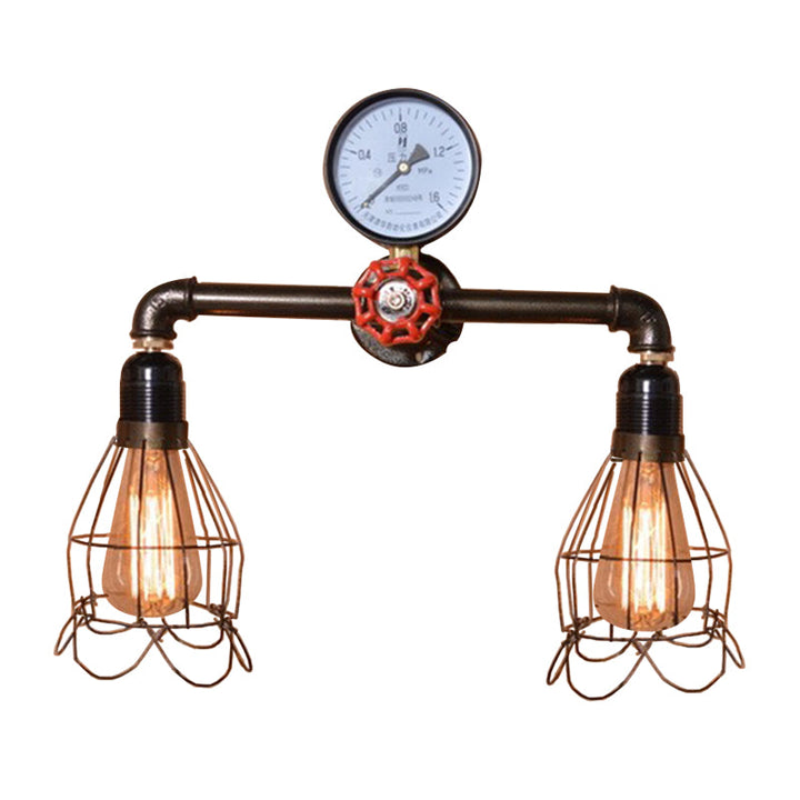Lisslune | 2 Light Bulbs Wire Frame Wall Mount Light with Pressure Gauge Deco Antique Style Black Metal Wall Lighting