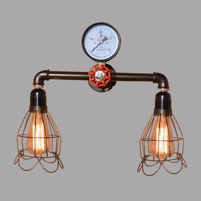 Lisslune | 2 Light Bulbs Wire Frame Wall Mount Light with Pressure Gauge Deco Antique Style Black Metal Wall Lighting