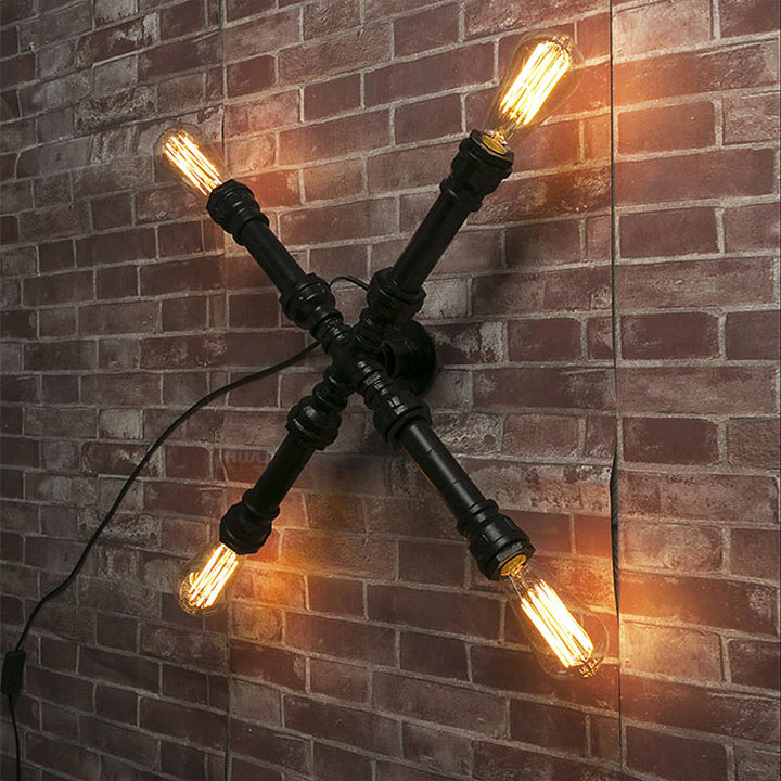 Lisslune | 4 bulbs X-shaped wall lighting with water pipe industrial black finish wrought iron wall lamp