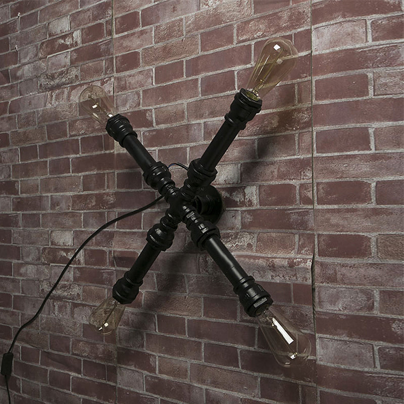 Lisslune | 4 bulbs X-shaped wall lighting with water pipe industrial black finish wrought iron wall lamp