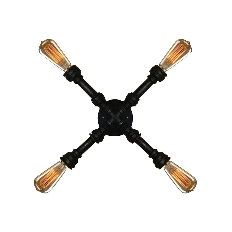 Lisslune | 4 bulbs X-shaped wall lighting with water pipe industrial black finish wrought iron wall lamp