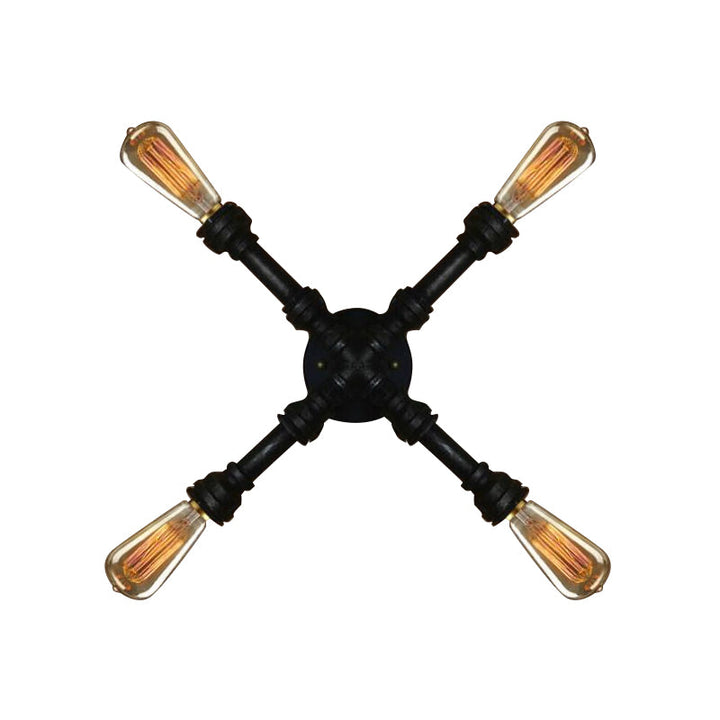 Lisslune | 4 bulbs X-shaped wall lighting with water pipe industrial black finish wrought iron wall lamp