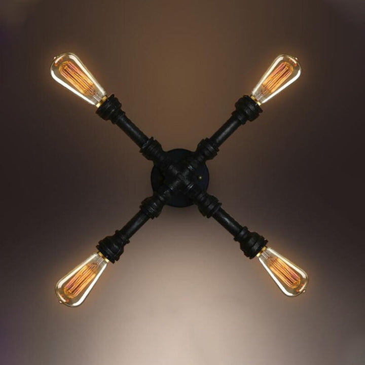 Lisslune | 4 bulbs X-shaped wall lighting with water pipe industrial black finish wrought iron wall lamp