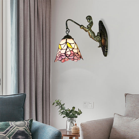 Lisslune | Tapered Stained Glass Wall Lamp Baroque 1 Head Black/Brass Wall Mounted Lighting Fixture